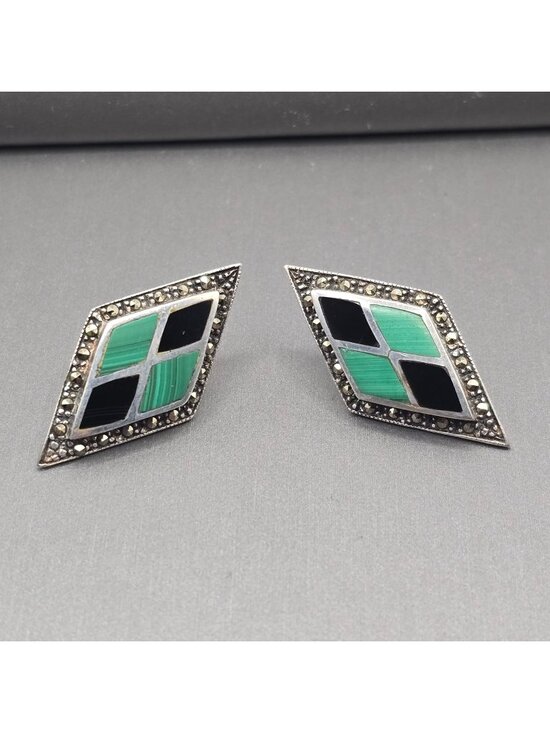 A Jewelry - Sterling Silver Malachite Onyx Inlay Earrings Marcasite Border Artisan Signed A